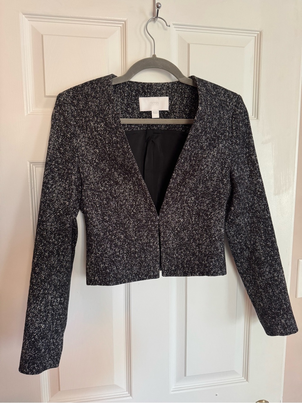 BOSS Women's Size 2 Black White Tweed Cropped Blazer